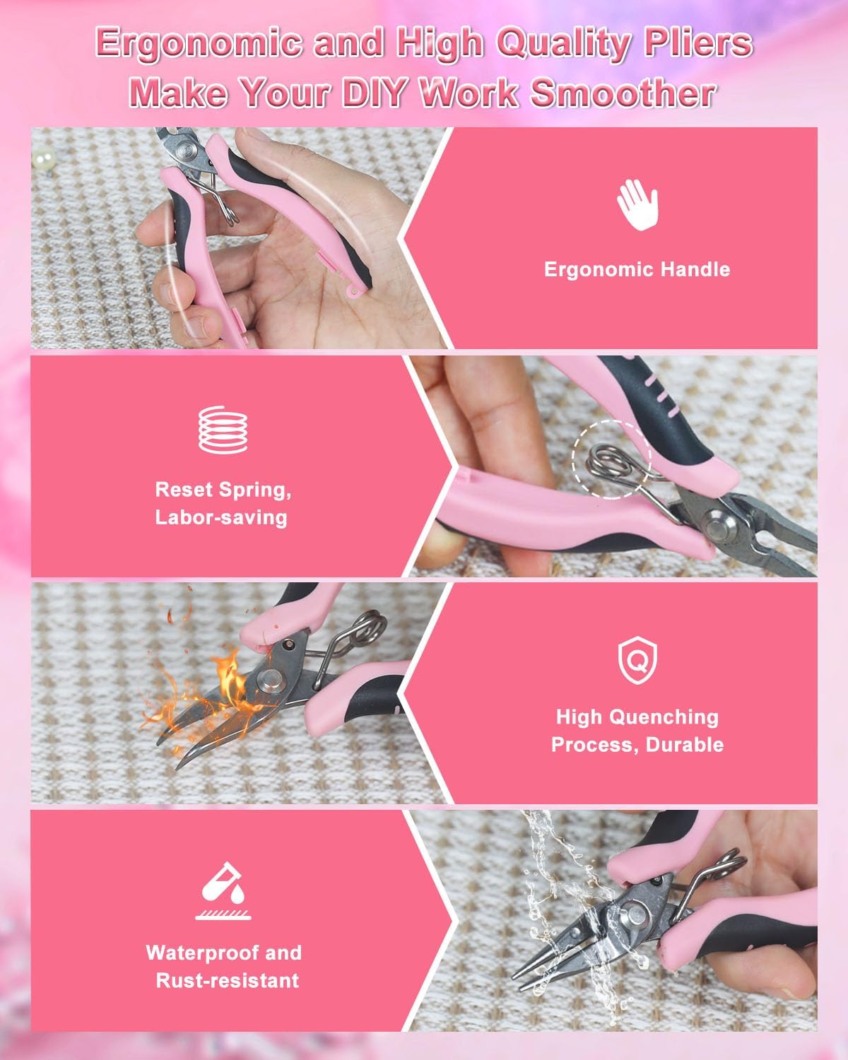 Toolour Jewelry Pliers Set Jeweler Making Tools with 6 Rolls Beading Wire Kit for Jewelry Supplies DIY Hobby Repair Crimping Wrapping,Pink Professional Craft Pliers for Adults Beginner