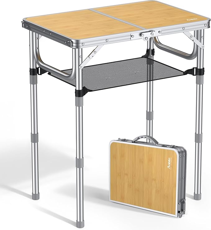 Anbte 2ft Camping Table Foldable, 3 Adjustable Heights High 27.5" Aluminum Small Folding Table with Carrying Handle, Portable, for Outdoor Indoor Picnic Beach BBQ Party Travel, 24" x 16", Yellow