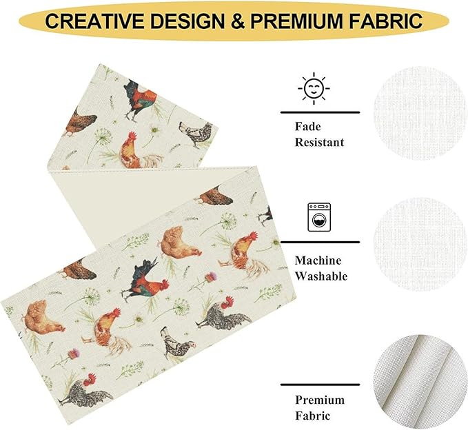 Farmhouse Rooster Table Runner, Rustic Farm Animals Cow Pig Chicken Coffee Table Center Decor for Home Kitchen Dining Patio Holiday Party Indoor Outdoor Table Decorations, 13"x36" Inch