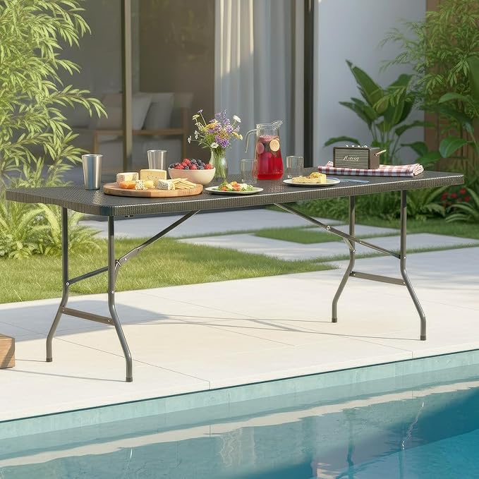 FDW 6FT Folding Table, Portable Fold-in-Half Plastic Picnic Party Table with Carrying Handle （Black Ratten, 6FT）