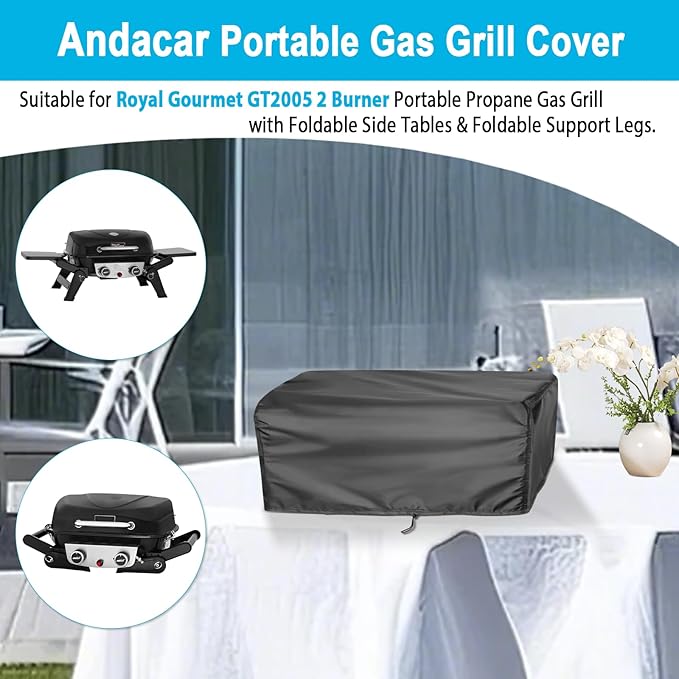 Grill Cover for Royal Gourmet GT2005 2-Burner Portable Propane Gas Grill, Outdoor Gas Grill Cover Waterproof Tabletop Grill Covers - 26" L×19" W×10" H, Black
