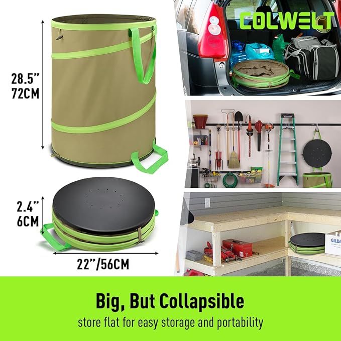 Colwelt Collapsible Garden Bag 47Gallon, Collapsible Leaf Bags with Hard Bottom, Heavy Duty Yard Waste Bag Leaf Bin, Leaf Pop up Trash Can (come with Leaf Scoop, Garden Gloves)