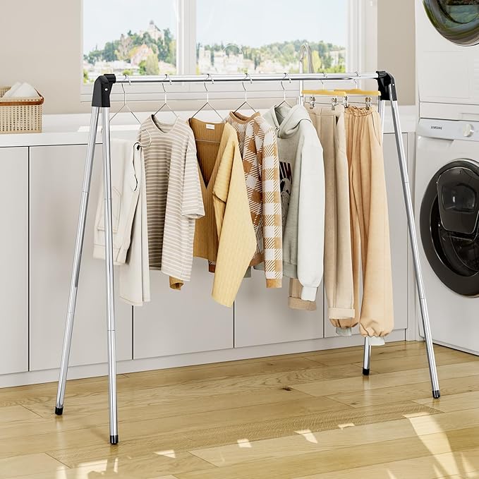Clothes Drying Rack, Foldable Drying Rack Clothing, Stainless Steel Laundry Rack, Free-Standing, Indoor Outdoor Use with Travel Friendly Design, Collapsible for Home, Camping, Theater, RV Use, Black