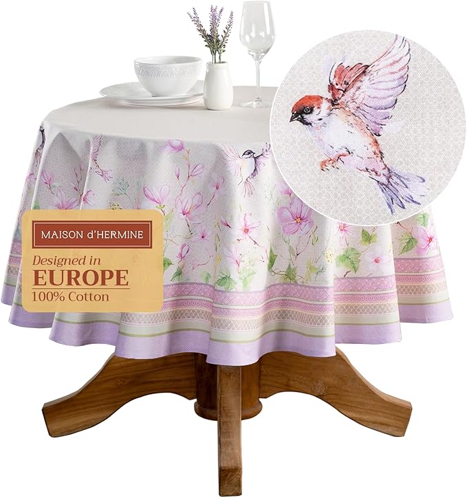 Maison d' Hermine Table Cloth Round Table 100% Cotton 69 Inches Tablecloth Reusable Decorative Everyday Use for Dining Room, Farmhouse, Home, Party, Festive & Wedding Spring Summer - Magnolia Mornings