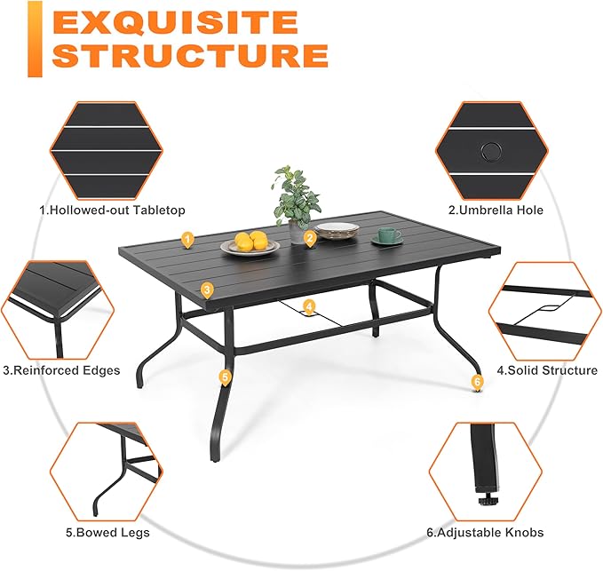 NUU GARDEN Outdoor 61" x 37" Rectangle Dining Table with 1.57" Umbrella Hole, 6-Person Steel Slat Outdoor Patio Table, for Patio, Garden, Backyard and Balcony, Black