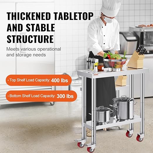 VEVOR Stainless Steel Work Table 30 x 12 x 34 Inch, 700 LBS Load Capacity with 4 Wheels, 3 Adjustable Height Levels, Heavy Duty Food Prep Worktable for Commercial Kitchen Restaurant, Silver