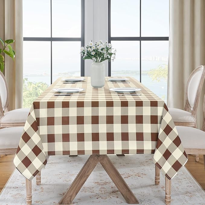 Softalker Gingham Checkered Tablecloth Rectangle - Outdoor Waterproof Buffalo Plaid Table Cloth, Stain Resistant Washable Table Cover for Picnic, Camping, Dining - Coffee and White, 54 x 78 Inch