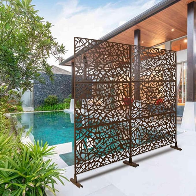 Outdoor Decorative Metal Privacy Screen Panel, 48" L x 16" W x 76" H, Steel Partition for Garden, Patio, and Backyard, Freestanding with Stable Base, Modern Geometric Design, Brown