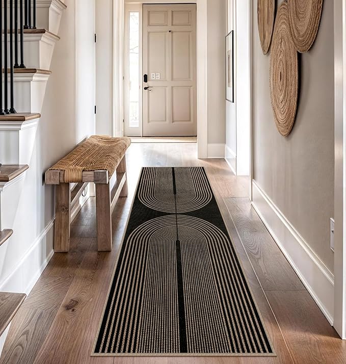 Easy Jute Rainbow Runner Rug, 2.6x8 Black Washable Rugs Runner for Hallway Non-Slip Boho Farmhouse Kitchen Runner Rug, Modern Abstract Indoor Outdoor Carpet for Porch Laundry Entryway