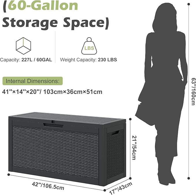 Outdoor Storage Box, 60 Gallon Outside Deck Box Waterproof,Resin Outdoor Storage Cabinet With Lockable Lid,Backyard Storage Bench For Garden Tools,Patio Cushions, Pool Tools, Package Delivery