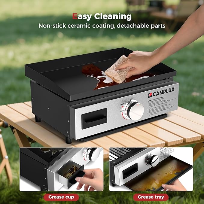 CAMPLUX Propane Gas Griddle Grill Combo 11,000 BTU, Portable Camping Griddle Ceramic Coated, 18-Inch Tabletop Grill with 20 lbs and RV Regulator for Camping, RV Picnic and Tailgating