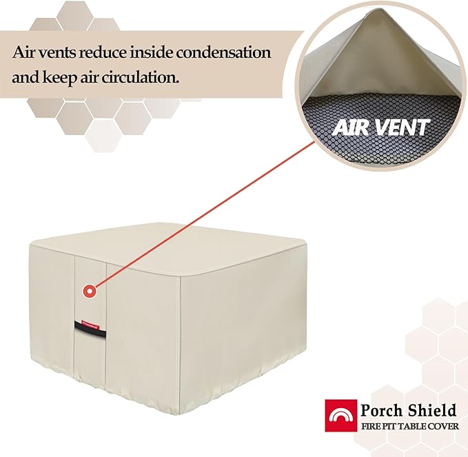 Porch Shield Fire Pit Cover - Waterproof 600D Heavy Duty Fade Resistant Square Patio Fire Pit Table Cover Beige - 50 x 50 inch