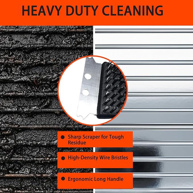 3Pcs Grill Brush for Outdoor Grill Set, Heavy Duty Stainless Steel Grill Scraper & Scrubber, Hand Crank Fan for Cast Iron and Stainless Steel Grates, Outdoor Camping BBQ Cleaning Accessories