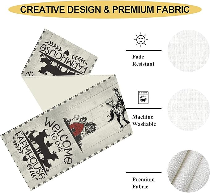 Farmhouse Cow Table Runner, Rustic Rooster Sheep Black White Plaid Animals Farm Coffee Table Center Decor for Home Kitchen Dining Patio Holiday Party Indoor Outdoor Table Decorations, 13"x72"