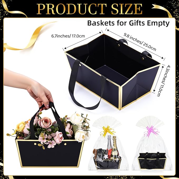 Tuanse 30 Pcs Basket for Gift Empty DIY Bulk Gift Basket Kit with Handle Kraft Cardboard Tray with 30 Bag 30 Bow Market Tray for Wedding Party(Black Gold,9.8 x 6.7 x 4.3 in)