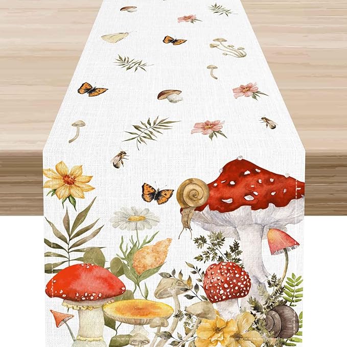 Mushroom Table Runner, Rustic Farmhouse Forest Plants Botanical Wildfloral Coffee Table Center Decor for Home Kitchen Dining Patio Holiday Party Indoor Outdoor Table Decorations, 13"x72" Inch