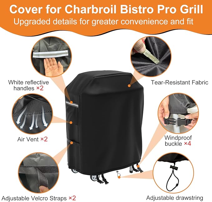 Grill Cover for CharBroil Bistro Pro Electric Grill Griddle,Heavy-Duty 600D Waterproof BBQ Griddle Cover with White Reflective Handles for Char-Broil Models 25302145 25302146
