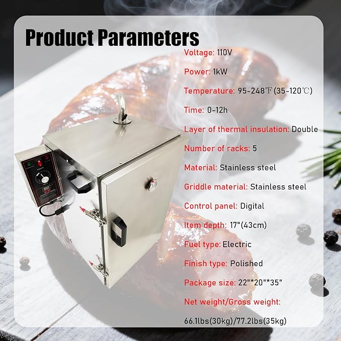 Electric BBQ Meat Smoker Commercial Vertical Digital Side Wood Chip Loader Grill Sausage Smoke Oven 5 Detachable Racks 110V 95-248℉