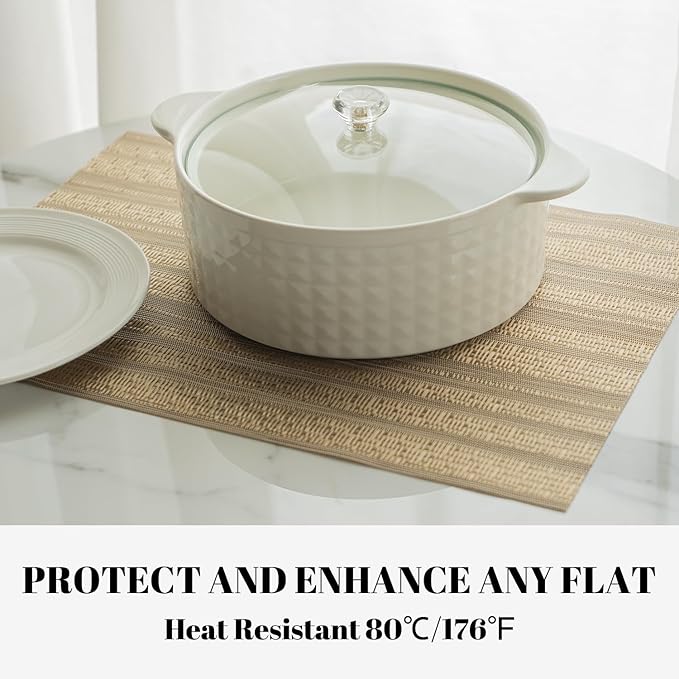 Placemats Set of 12 Vinyl/Plastic Woven Place Mats for Kitchen Table Indoor/Outdoor Washable Placemat Wipeable Dining Table Mats (Aurora Gold,12)
