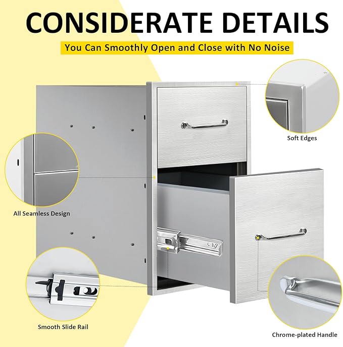 Outdoor Kitchen Drawers 14" W x 21" H x 21" D Flush Mount Double BBQ Drawers with Chrome Handle Stainless Steel Drawer for Outdoor Kitchen Island, Patio Grill Station