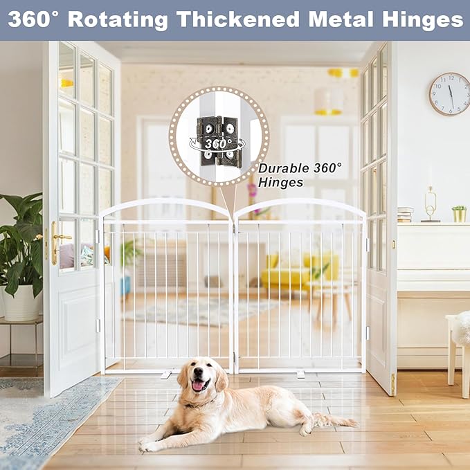Full Metal Free Standing Dog Gate with Door for Indoor Outdoor, 48'' Extra Wide 32'' Tall Dog Gate for Doorways,Large Openings,Decks,Pet Puppy Freestanding Safety Fence(2 Panels,White)