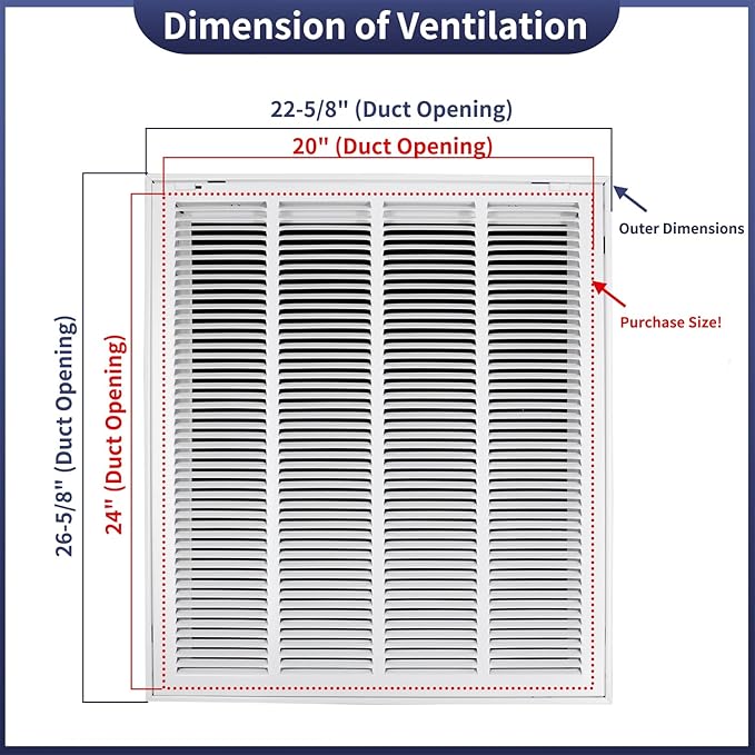 20"W x 24"H [Duct Opening Size] Steel Return Air Filter Grille - Removable Face/Door for 1 inch Filters -HVAC Vent Cover Grill - White [Outer Dimensions: 22 5/8"W X 26 5/8"H]