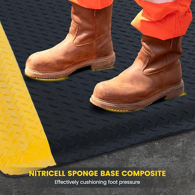 3' x 12' ESD Anti-Fatigue Conductive Mat, Durable Heavy Duty Diamond Plate, Soft Sponge Ergonomic Mat, Non Slip Waterproof Floor Mats for Commercial&Industrial Work Thick 3/4” Black with Yellow Border