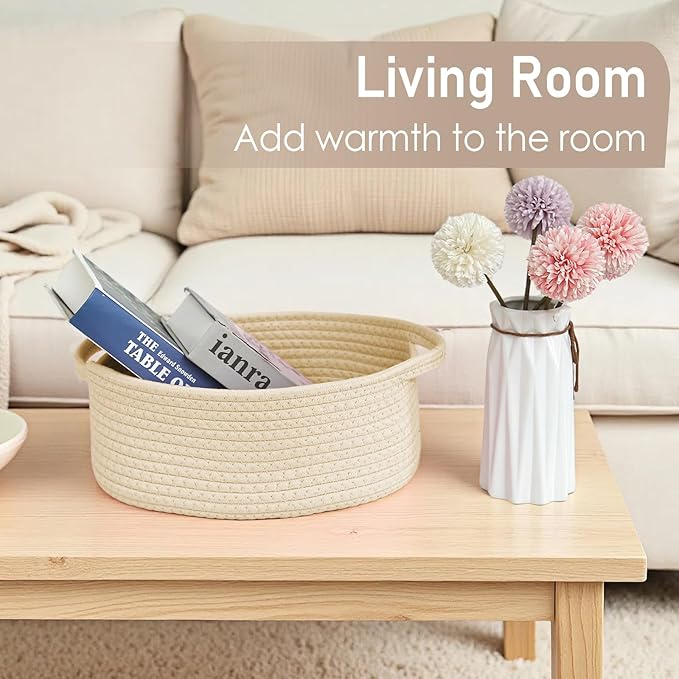 Woven Basket,Small Rope Storage Bin with Handles & Ribbon Bag, Organizer for Shelves Closets,Gift Basket Empty for Birthday,Books,Dog Toys,Beige/3 Pack