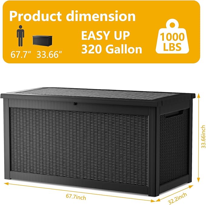 320 Gallon Deck Box, Resin Outdoor Indoor Waterproof Storage Box, Lockable Storage Box With Handle for Patio Furniture - Garden Tools - Swimming Pool Tools UV-Resistant - Black (320)
