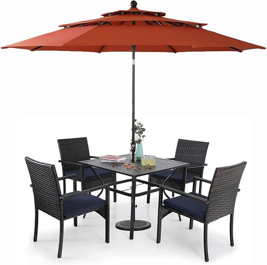 Sophia & William Outdoor 6 Pieces Dining Set with 4 Rattan Chairs, 1 Metal Table and 1 10ft 3 Tier Auto-tilt Umbrella(No Base) Orange Red, Modern Patio Furniture for Poolside, Porch, Patio, Balcony