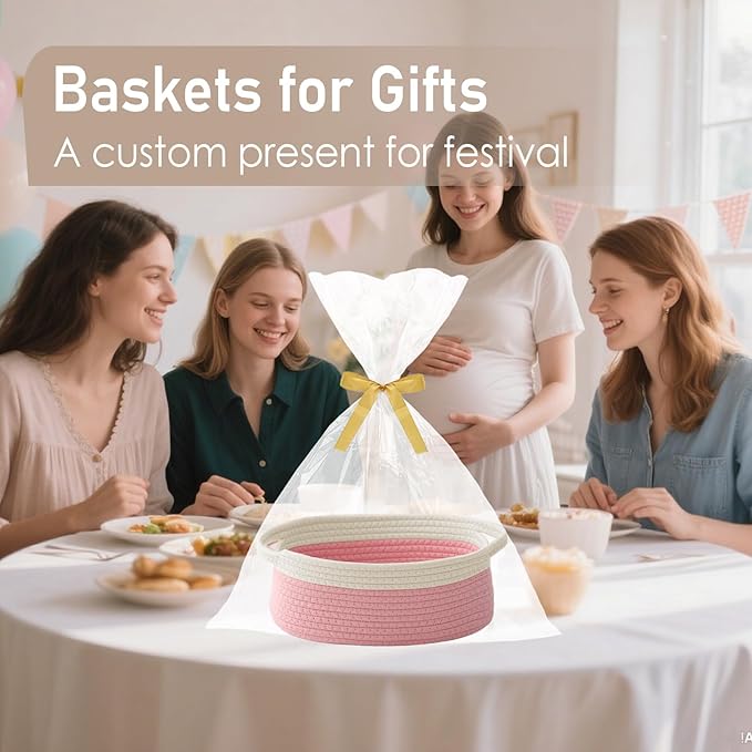 Woven Basket,Small Rope Storage Bin with Handles & Ribbon Bag, Organizer for Shelves Closets,Gift Basket Empty for Birthday,Books,Dog Toys, White&Pink/2 Pack