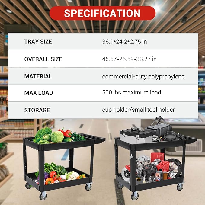 Utility Service Cart with Wheels and Two Trays, Service Cart 2-Shelf 500lbs, Rolling Utility Cart for Warehouse/Garage/Cleaning/Manufacturing, 2 Tier Heavy Duty Uline Tool Cart, 45"X25", Black