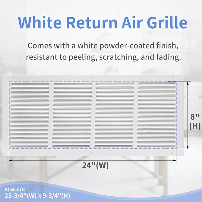 24"W x 8"H [Duct Opening Size] Steel Return Air Grille, Air Return Vent Cover for Ceiling and Sidewall - HVAC Air Vent Covers - [Outer Dimensions: 25.75"W x 9.75"H]