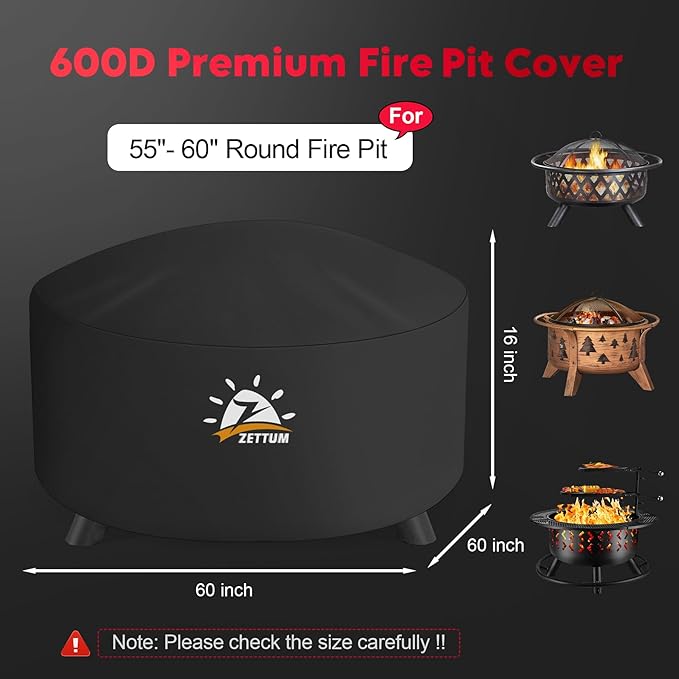 Zettum Fire Pit Cover Round 60 Inch - Outdoor Firepit Cover Heavy Duty & Waterproof, 600D Patio Fire Table Cover Large Gas Fire Pit Accessories Fade & Weather Resistant - 60 x 60 x 24 Inch