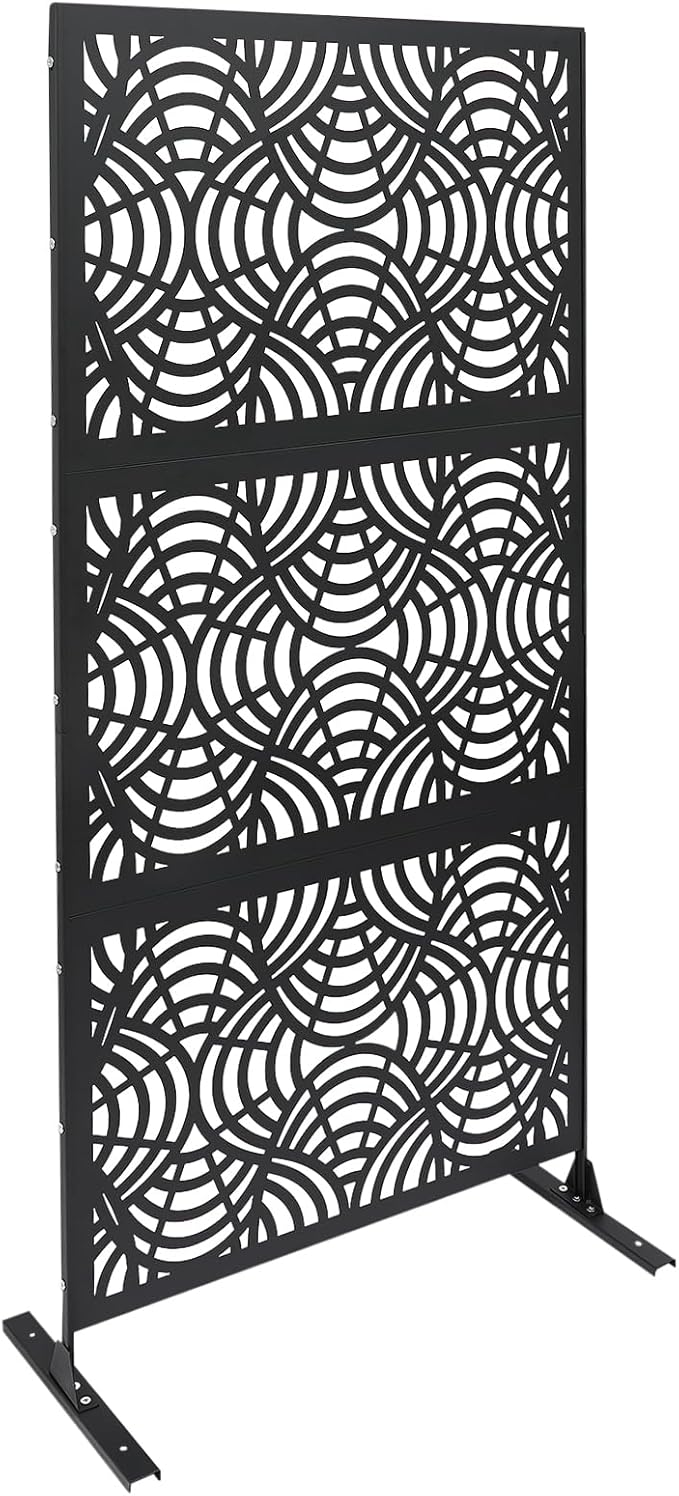 75" H×35" W Decorative Outdoor Privacy Screen with Stand, Outdoor Decor Privacy Fence Screen Metal Fence Panels, Free Standing Metal Divider for Patio Lawn Deck (Black -Curved Pattern)