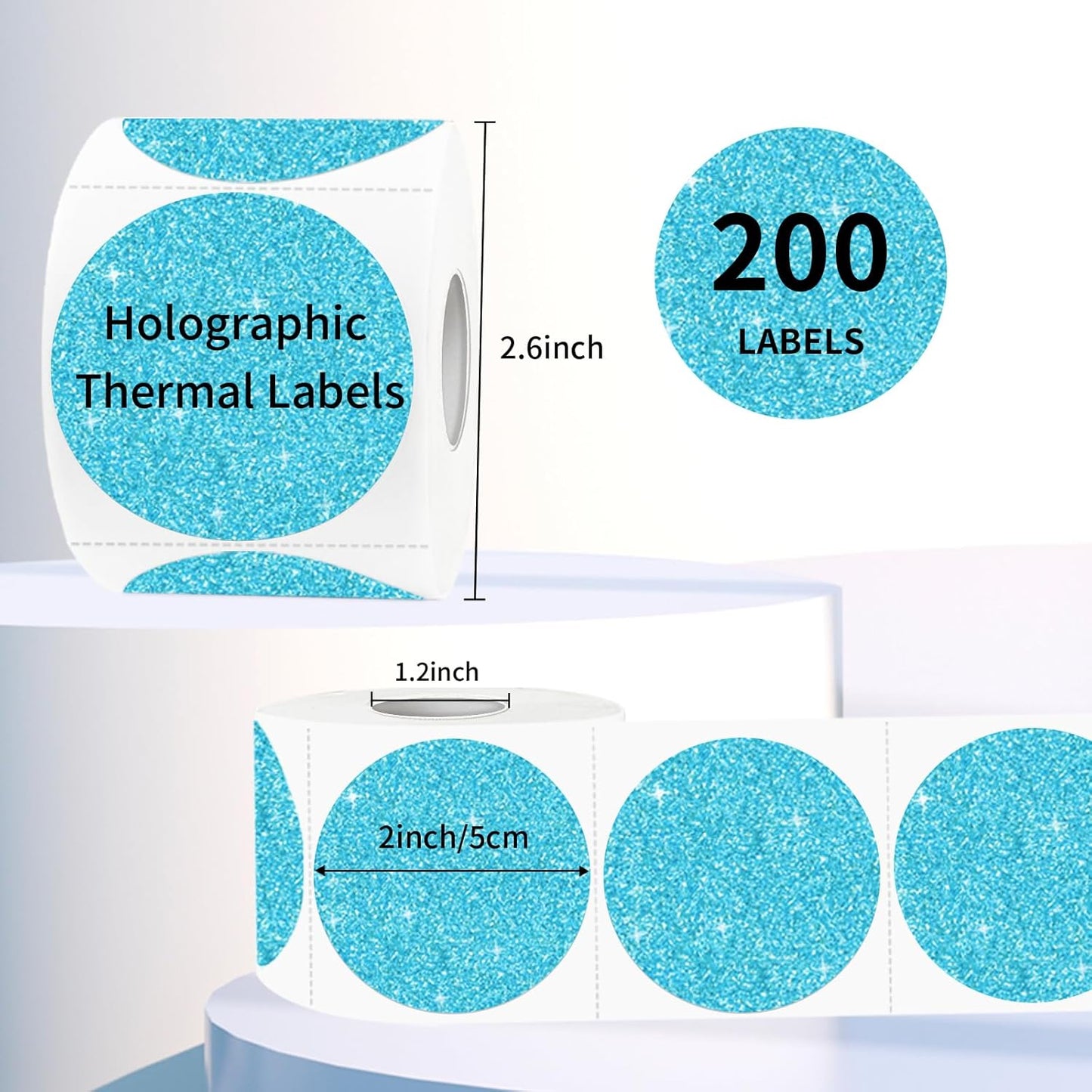 2" Holographic Thermal Label Stickers, Round Direct Thermal Label Stickers, Glitter Thermal Printer Sticker Labels for Gift Wrapping, Self-Adhesive Custom Logo Design- Glitter Blue