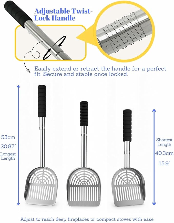Adjustable Ash Shovel with Sifter, 16–21 Inch Extendable Handle – Heat-Resistant Coal Scoop for Fireplace, Wood Stove, and Fire Pit Tools (1, Stainless Steel)
