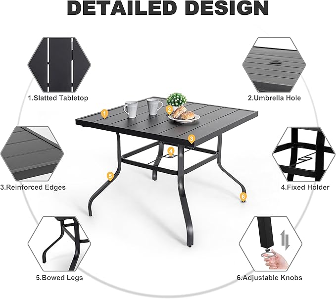 NUU GARDEN 37" Outdoor Patio Table, 4 Person Steel Slat Square Dining Table with 1.57" Umbrella Hole, Slatted Top and Powder Coated Iron Frame for Patio, Garden and Balcony, Black