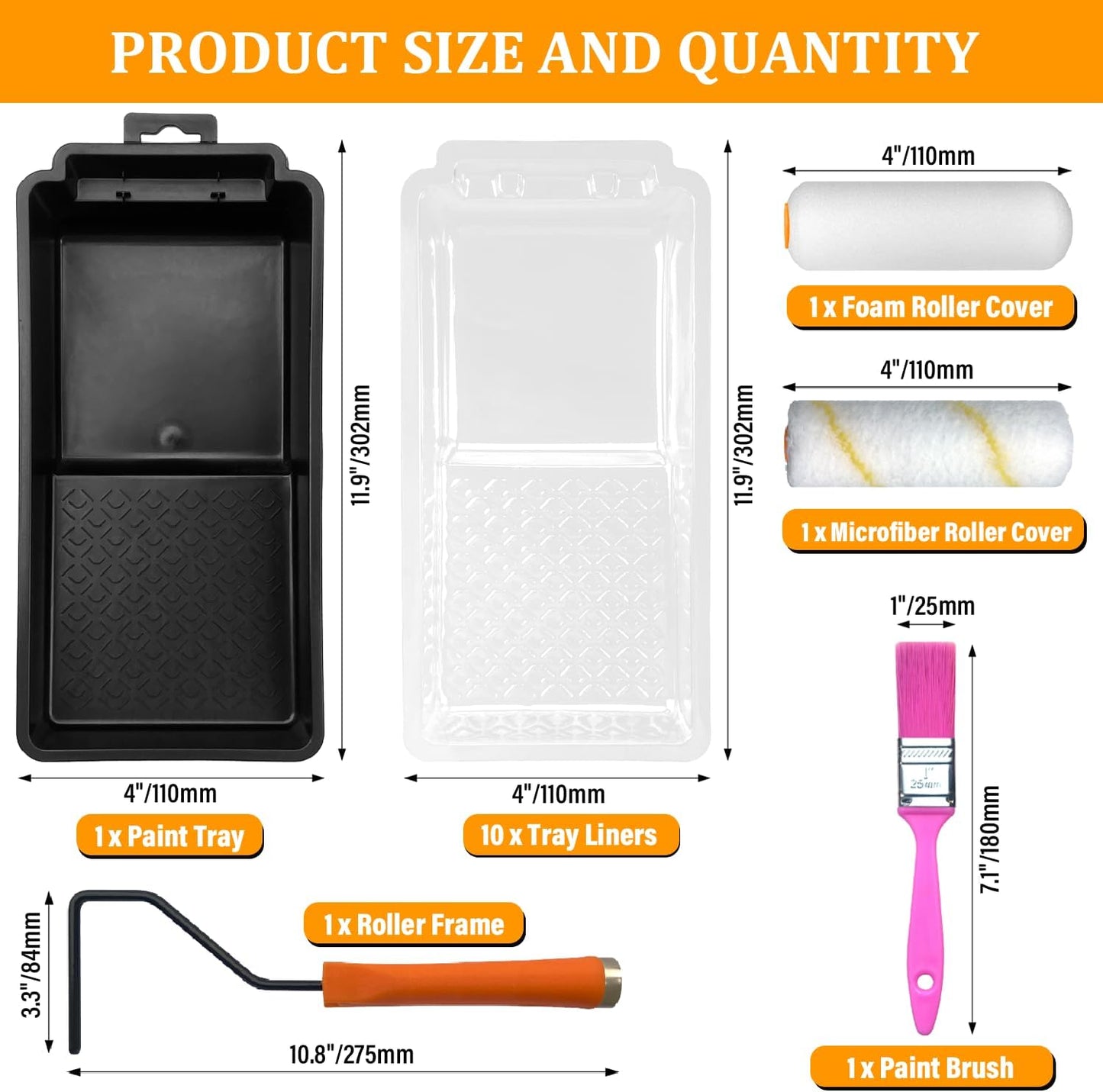 4-inch Paint Roller Tray Set, 15-Pack Painting Tool Kit - 11 Paint Tray & Liners, Foam & Microfiber Paint Roller, Roller Frame, Paint Brush for Painting Wall, DIY Project