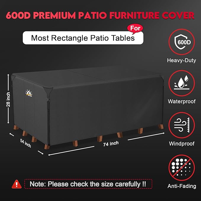 Zettum Patio Furniture Cover Rectangle - 74 Inch Outdoor Table Cover Waterproof & Heavy Duty, 600D Lawn Furniture Set Covers for Outside Rectangular Dining Table and Chairs Combo - 74 x 54 x 28 Inch