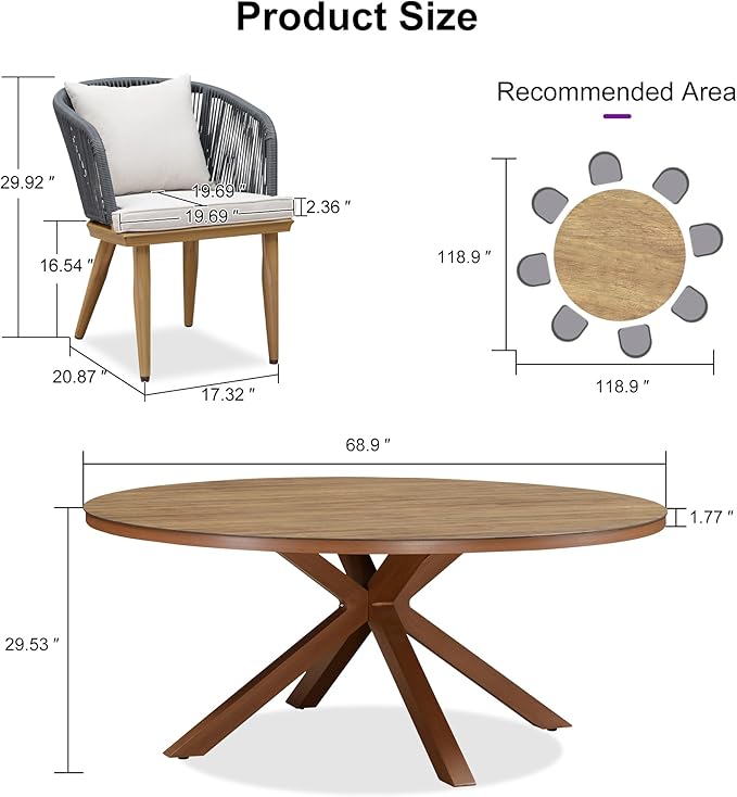 PURPLE LEAF 9 Pieces Patio Dining Set Wicker Outdoor Furniture Round Table and Chairs Set for Garden Deck Teak-Finish Aluminum Frame Backyard Kitchen Set, Cushions and Pillows Included