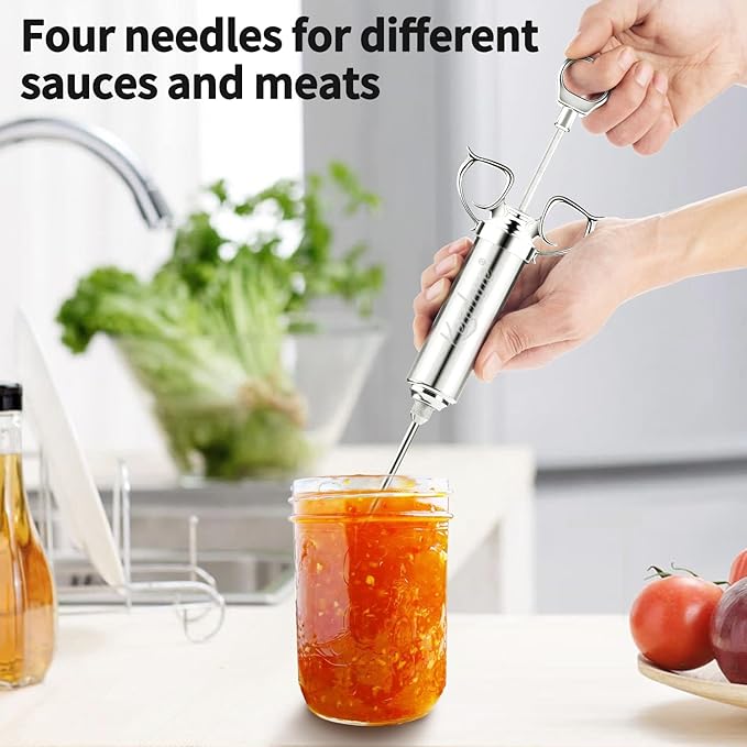 Meat Injector Syringe 2-oz Marinade Flavor Barrel 304 Stainless Steel with 3 Marinade Needles for BBQ Grill Smoker, Turkey, Fish, Brisket, Paper Silicone Brush and Instruction Included by Kendane