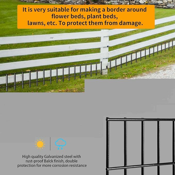 Adavin Small or Medium Animal Barrier Fence 10 Pack 24 in(L) X 15 in(H) Underground Decorative Garden Fencing, Dog Rabbits Fences Black Metal Fence Panel Ground Stakes for Outdoor Patio. Total 20 Ft