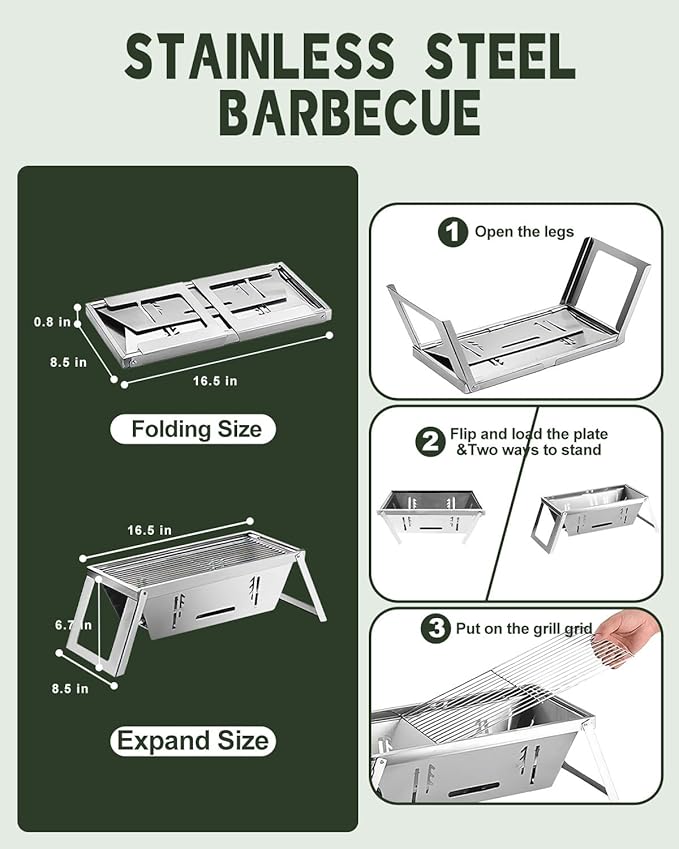 4ft Folding BBQ Table with Wing Plate, Height Adjustable Metal Table with Small Charcoal Grill, Portable Outdoor Table Removable to Two Tables (Bright Black)