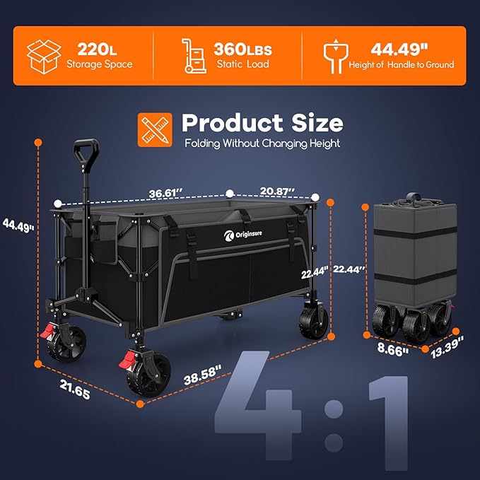 220L Collapsible Wagon Cart Foldable, 38" L Extra Large Heavy Duty Folding Beach Wagons with All-Terrain Wheels, Utility Carts for Camping, Sports, Shopping, Groceries - Grey&Black