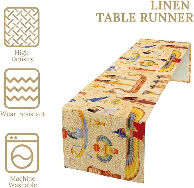 Egypt Table Runner, Ancient Egyptian Mythology Gods Hieroglyphic Elements Retro Farmhouse Table Runner for Home Kitchen Dining Party Indoor Outdoor 13x120in