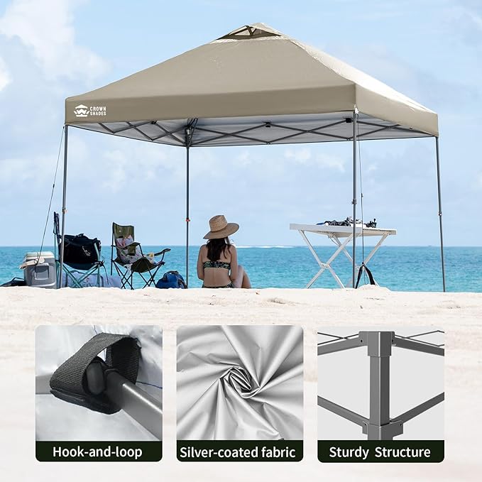 CROWN SHADES Adjustable Height on The Fly, 10x10 Pop Up Canopy - Beach Tent with One Push Setup - Easy Outdoor Sun Shade for Events, Parties, Camping - Outside Shade with STO-N-Go Bag, Khaki