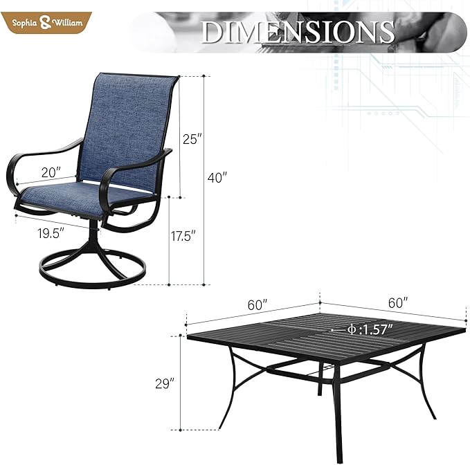 Sophia & William Outdoor Dining Set Patio Dining Sets Patio Table and Chairs Set 9 Pieces Square Outdoor Dining Table 60" for 8 with Swivel Patio Chairs for Garden Pool All Weather Blue