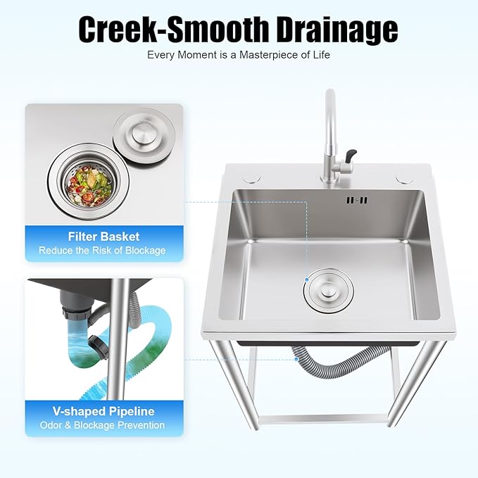 Free Standing Single Bowl Kitchen Sink Commercial, Outdoor Utility Sink Stainless Steel with Water Pipe Faucet Small Portable Sink Hand Wash Station for Garage Garden Backyard (18X16X30in)