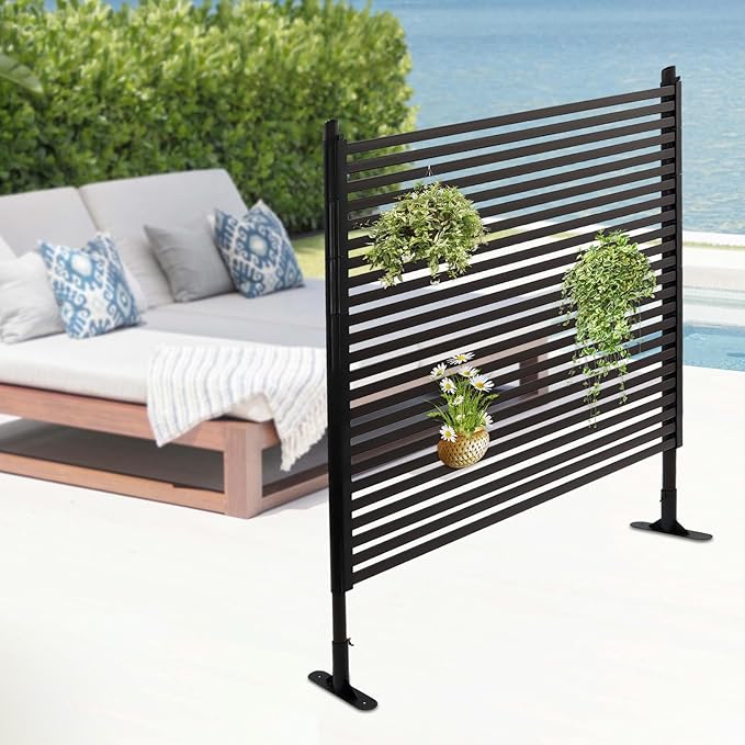 Outdoor Privacy Screens Freestanding, 47" W x 59" H Metal Slatted Decorative Screen and Panels with Stand, Brown Backyard Privacy Panels for Garden Patio
